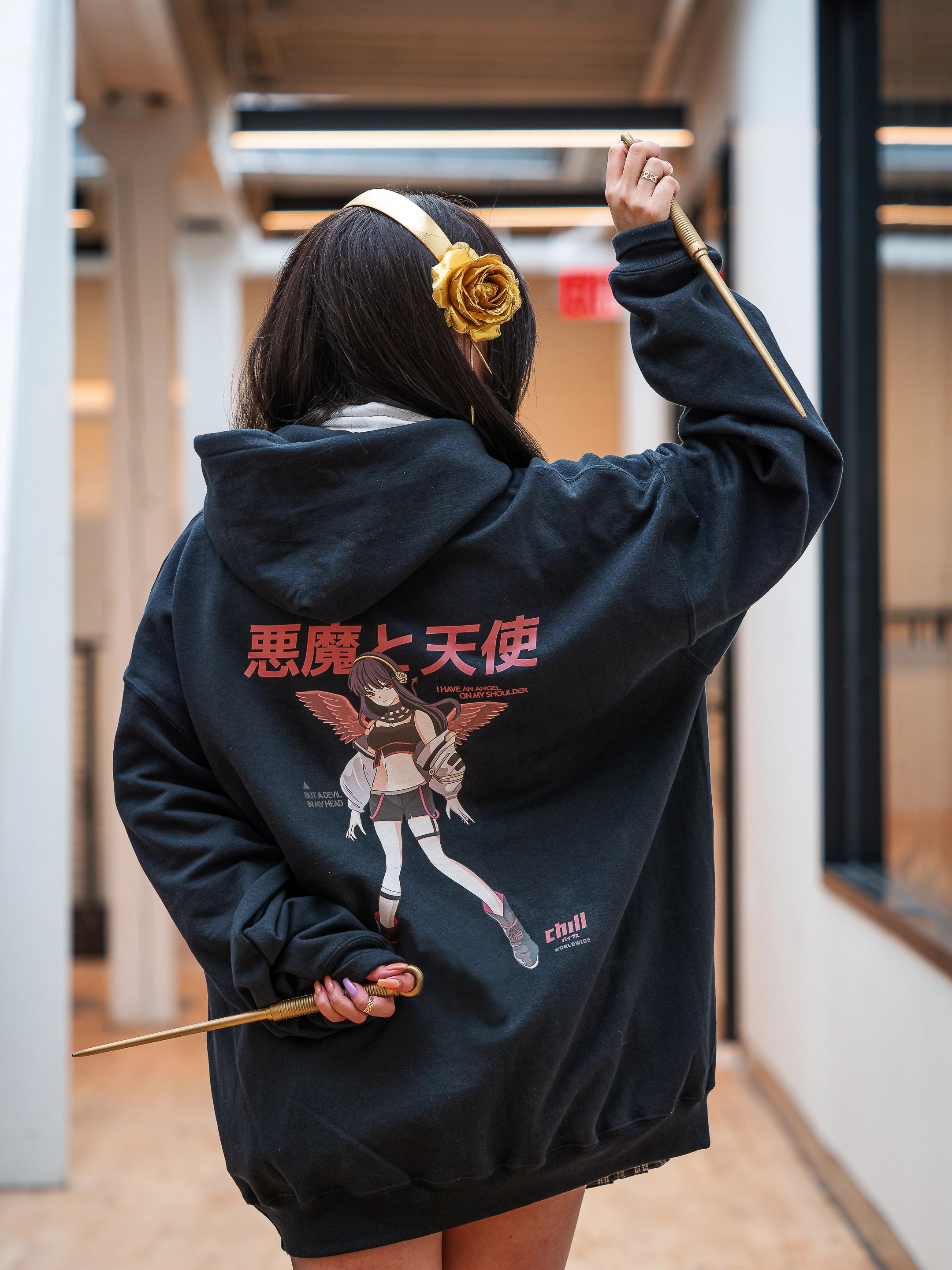 Devil and angel hoodie pink deals and black